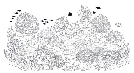 Naklejka premium Underwater Coral Reef Ecosystem with Silhouette Fish