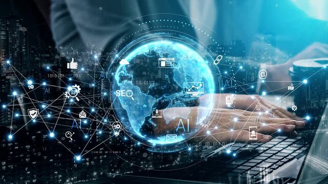 Global AI-powered digital network ecosystem connecting data, finance, analytics, ecommerce, communication, and automation across continents through technology and cloud Marrow