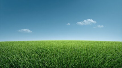 Obraz premium Lush Green Grass Field Under Clear Blue Sky with Few Fluffy Clouds in Sunny Daylight Perfect for Nature and Landscape Photography