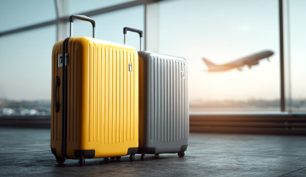 Two hard-shell suitcases with textured surfaces, one in vibrant yellow and the other in neutral gray, standing on a smooth floor next to large windows at an airport terminal with