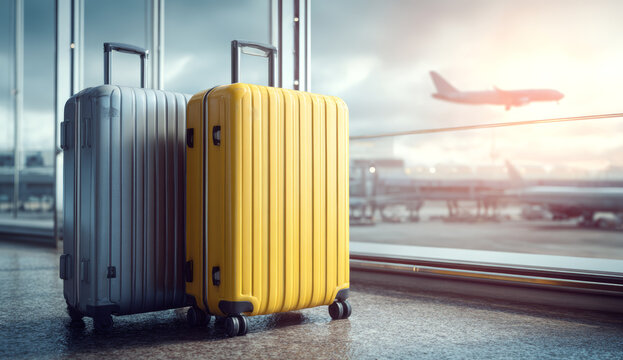 Two hard-shell suitcases standing on airport floor near large window with view of airplane in flight and airport tarmac in background