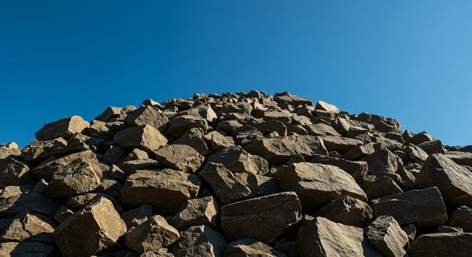 Large Riprap Rock Pile Coastal Erosion Protection Against Blue Sky Backdrop