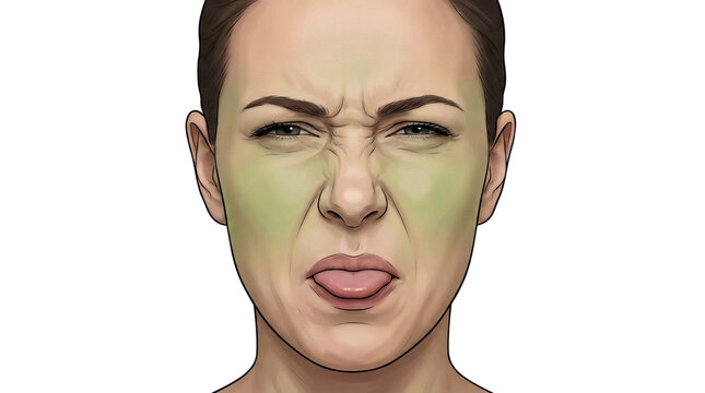 A woman displaying a face of disgust and distaste, conveying an aversion to something unpleasant. The woman's facial expressions and body language communicate a strong negative reaction