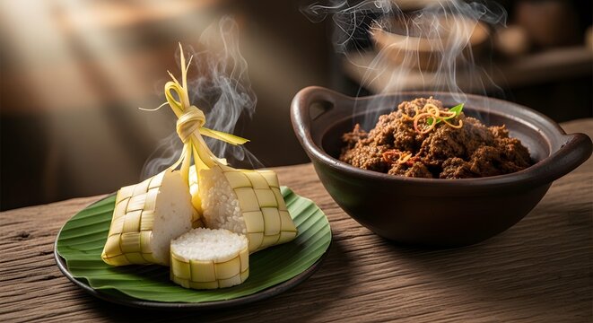 Steaming Lemang and Rendang on wooden table, chrismas