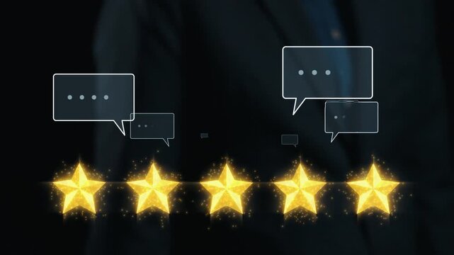 A visually engaging image featuring five golden stars symbolizing high ratings along with colorful speech bubbles that represent customer feedback and engagement. Qubit