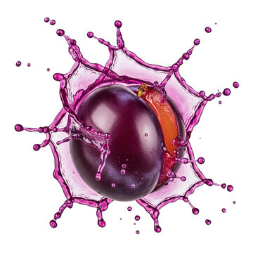 A vibrant purple grape and orange slice surrounded by splashing pink liquid on a black background