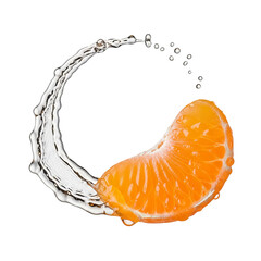A vibrant orange slice surrounded by a splash of water on a black background