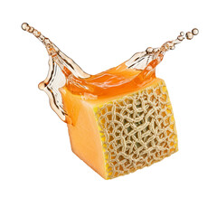 A cube of soap with a honeycomb texture is shown with water splashing on it