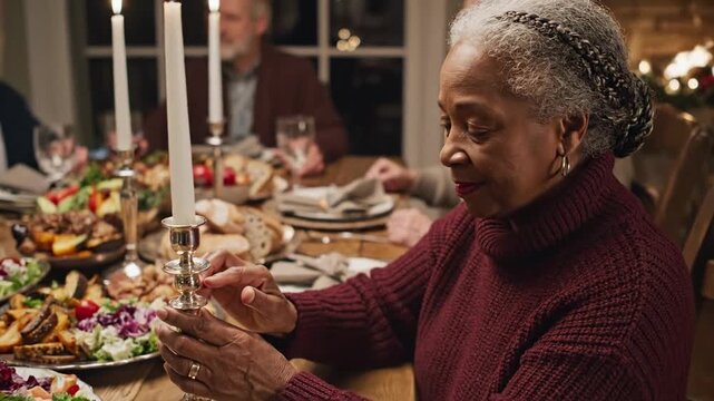 Senior Black woman lighting dinner candles, cozy family feast table in warm home, festive holiday gathering mood, celebration and gratitude for Thanksgiving