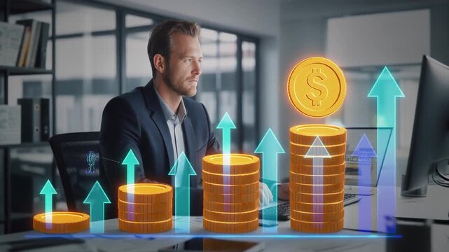 Businessman at desk in office, computer monitor with digital overlays of gold coin stacks and upward arrows symbolizing financial growth.