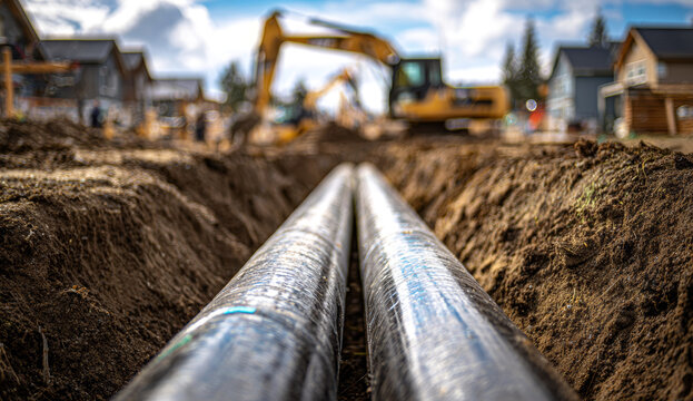 Two new steel water pipes with smooth, reflective surface being installed in underground trench for utility infrastructure