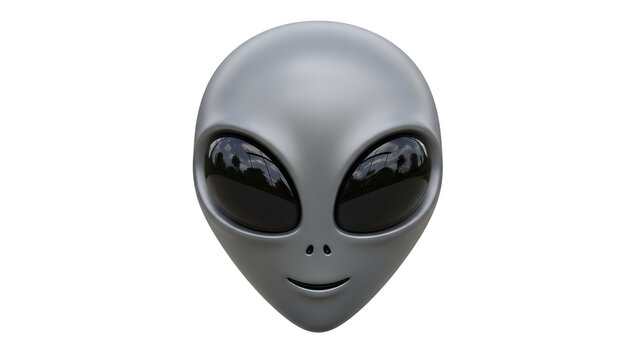 Smiling gray alien head with large black eyes on transparent background