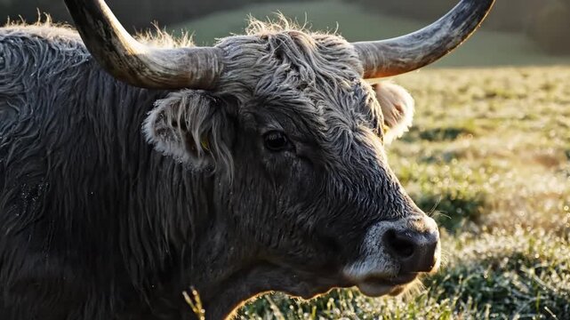 Close-up portrait of a majestic bull in a field, basking in the morning sunlight, peacefully grazing on fresh grass.