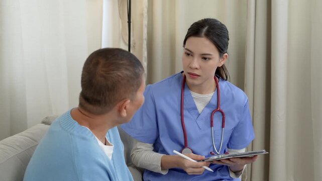 Female caregiver, aged care support helping mature women patient to recover injured leg, physiotherapy, take wheelchair for patient.