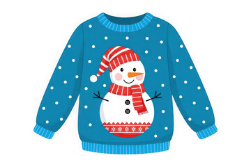 A blue christmas sweater with a snowman design on the front for kids isolated on transparent background