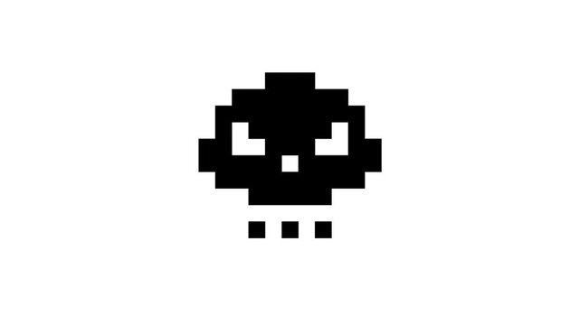 Retro pixel art style human skull symbol fun animation on black background