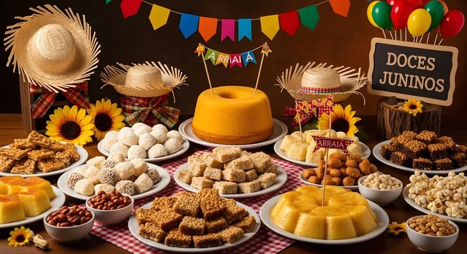 A vibrant Brazilian party table with traditional desserts and decorations