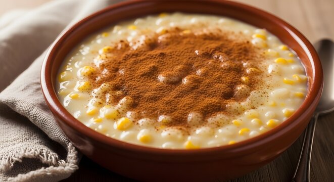 A warm bowl of creamy cornmeal porridge with cinnamon on top
