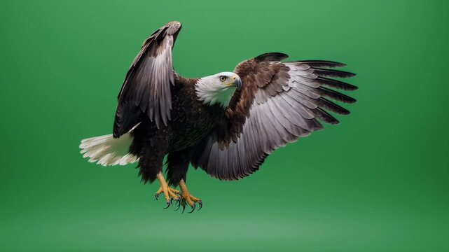 Bald Eagle Landing Motion in Slow Motion with Extended Wings and Talons Reaching Forward on Green Screen Background, 16:9 Aspect Ratio, 4K Resolution, for VFX Compositing and Nature Documentaries