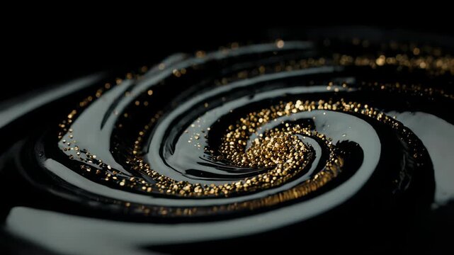 Close-up of swirling glossy black liquid with embedded golden particles forming spiral pattern, abstract cosmic fluid dynamics representation.
