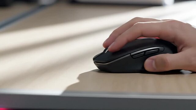 Hand deftly controls a contemporary wireless computer mouse on a wooden desk, signifying focused digital work, ergonomic interaction, and everyday office productivity