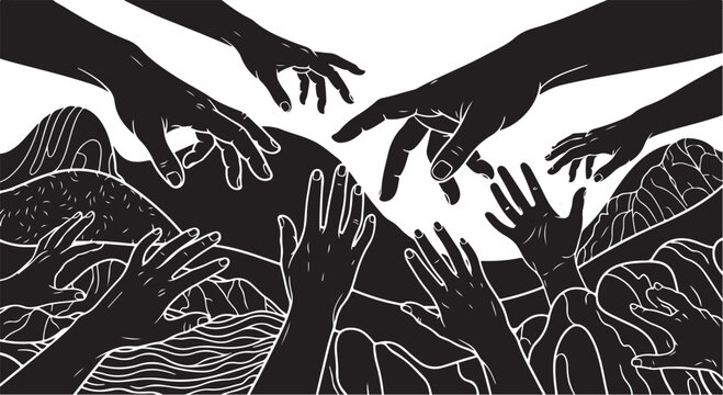 Hands reaching up towards helping hands in black and white