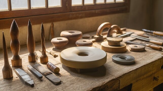 jade. Wooden workbench with grinding wheels and drill bits for jade carving. safety posters, maintenance manuals, designed for precision metalworking and fabrication facilities.