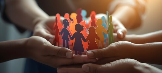 Diversity Inclusion and Equality Concept with Colorful Paper People Silhouettes on Supporting Hands