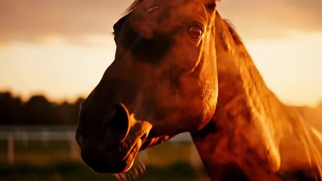 Close-up of a dark brown horse breathing heavily under a golden sunset in a field of grass.
