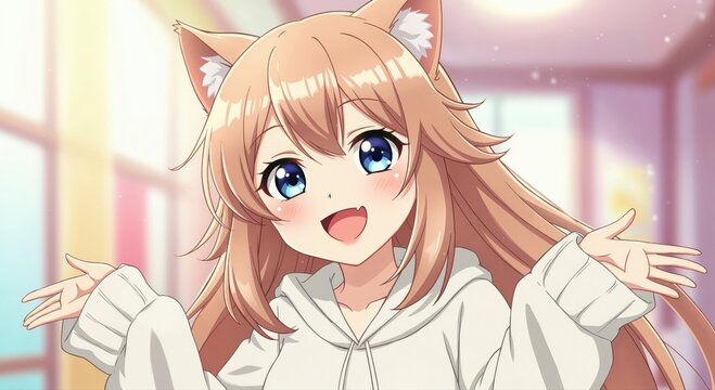 Anime Girl's Joyful Expression: An anime girl with cat ears and light brown hair radiates happiness with a bright smile. capturing the pure joy and innocence of youth.