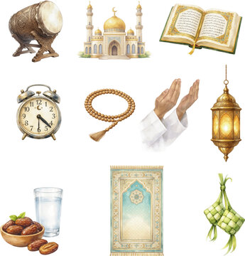 Ramadan Fasting Elements Watercolor Collection Isolated