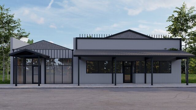 Modern commercial retail building storefront facade with minimalist design and metal awning, 3D render architectural visualization