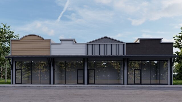 Modern Commercial Strip Mall Frontage with Multiple Retail Shop Units, Empty Storefront Facade 3D Render