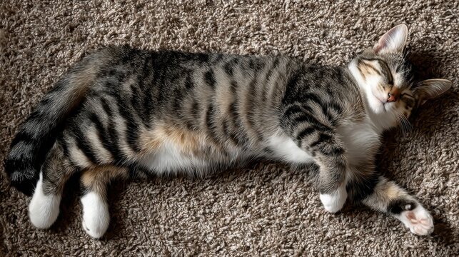 the gray and white tabby cat is sleeping on the soft carpet, with its back facing up to showcase the entire body of the kitten
