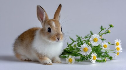 Adorable rabbit sitting next to fresh white daisies against a soft gray background, showcasing a charming and peaceful nature scene with delicate details