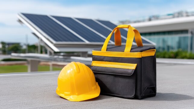 Bright Yellow Safety Helmet and Black Toolbox on Roof with Solar Panels in Background, Symbolizing Construction, Environment, and Renewable Energy