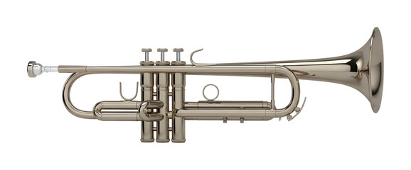 Fototapeta premium A shiny silver trumpet on a black background for music lovers
