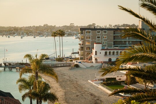 View of China Cove Beach at sunset in Corona Del Mar, Newport Beach, California