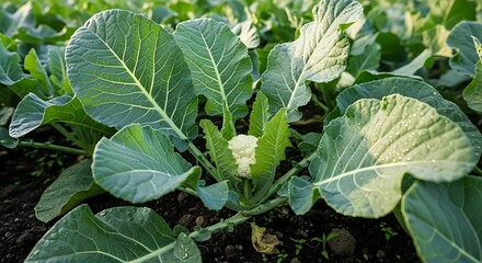 Obraz premium Fresh organic cabbage plants with green leaves grow in the healthy soil of a summer garden farm field, showcasing natural vegetable growth and sustainable agriculture
