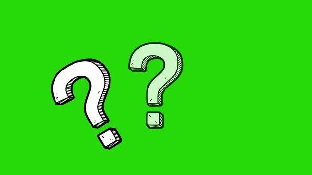 Hand drawn style animation of three white question marks with black fill on a green screen chroma key background. Perfect for doubt, questions, and educational videos