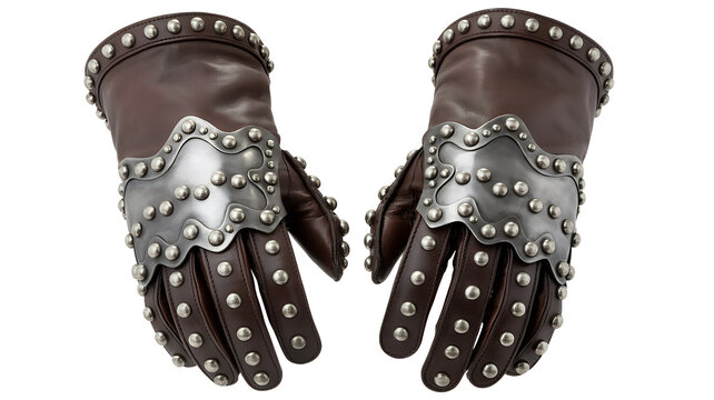 Brown leather gloves with metal studs isolated on a transparent background