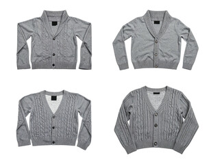 Four grey cardigans with button closures on black