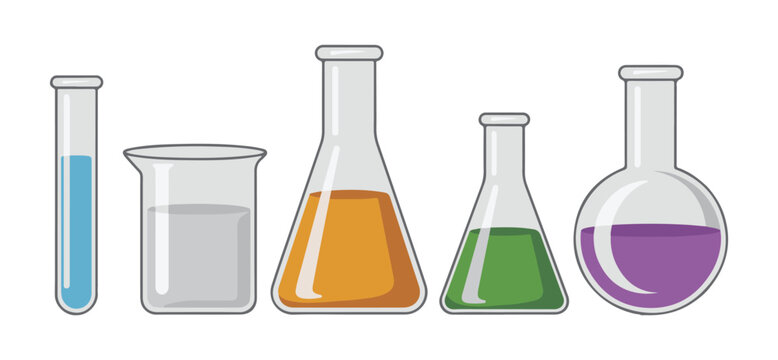 Set of laboratory flasks and beakers with colorful liquids illustration, chemical research equipment collection