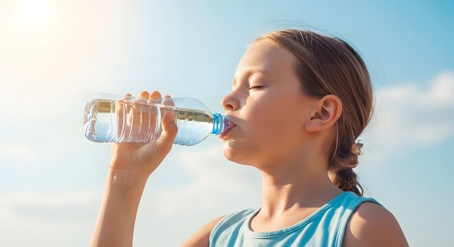 Young girl drinking water from a clear plastic bottle on a sunny day outdoors