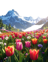 Vibrant tulip field with a snow-capped mountain backdrop