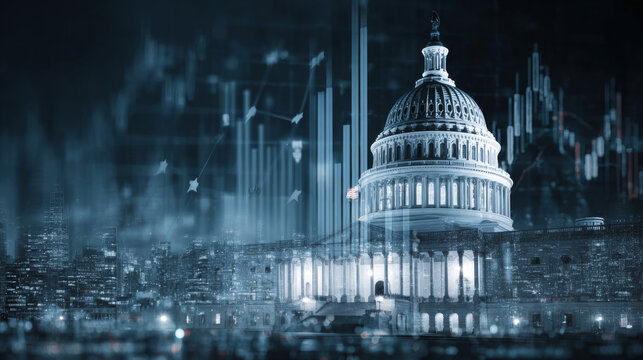 U.s. capitol building with digital financial chart overlay and night cityscape