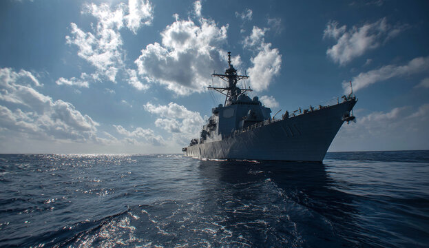 U.s. navy gray naval ship sailing in open ocean under partly cloudy sky, military vessel with smooth metallic hull and radar antennas