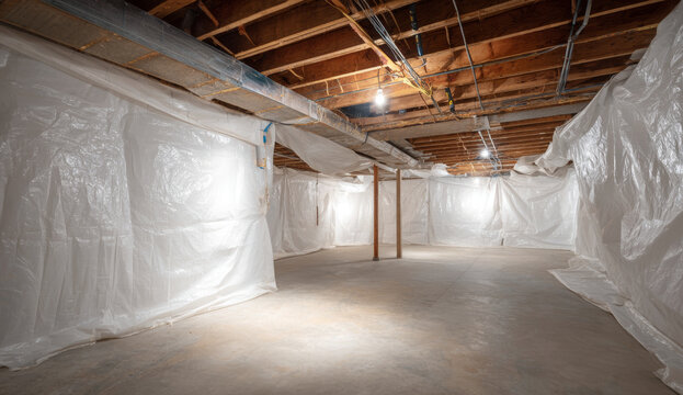 Ultra realistic unfinished basement with exposed wooden ceiling beams, concrete floor, and plastic sheeting walls for renovation or construction project