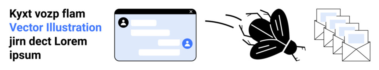 Obraz premium Cybersecurity, online threats, spam management, email protection, digital safety, communication. Graphical ion of a bug heading toward emails. Cybersecurity and online threats concept