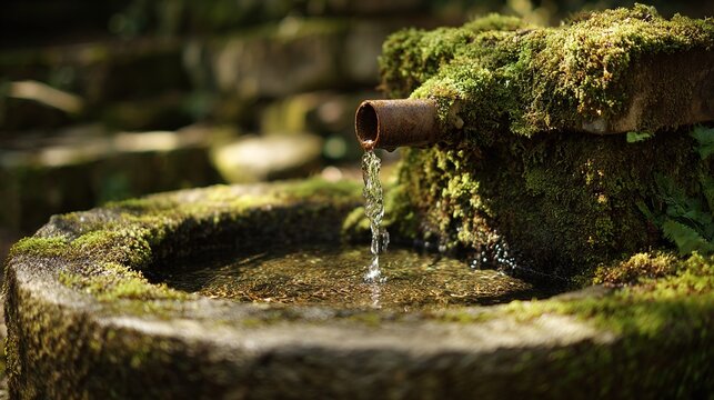 wellhead. Close-up of an ancient mossy stone wellhead with water flowing into a basin. real-estate listings.